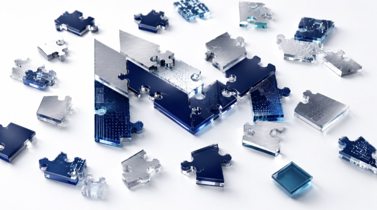 A collection of blue and silver puzzle pieces scattered on a white surface, representing a fragmenting software category.