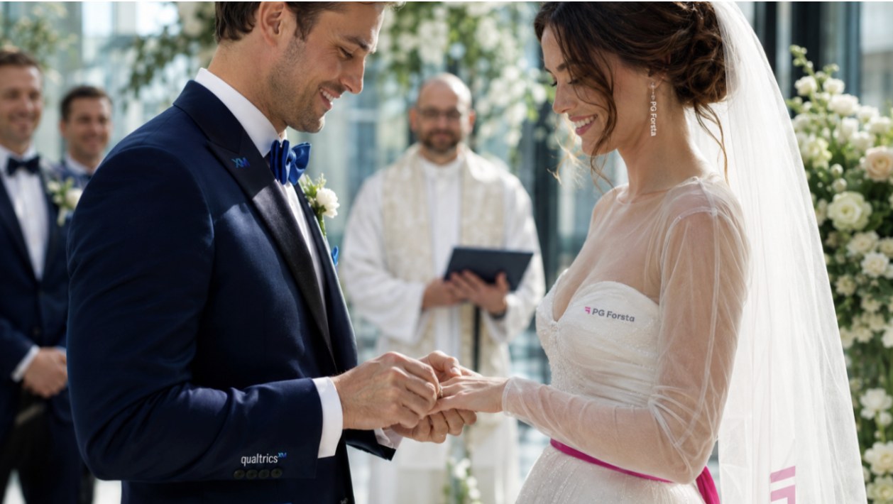 A wedding ceremony illustration marking the union of XM and Press Ganey Forsta.